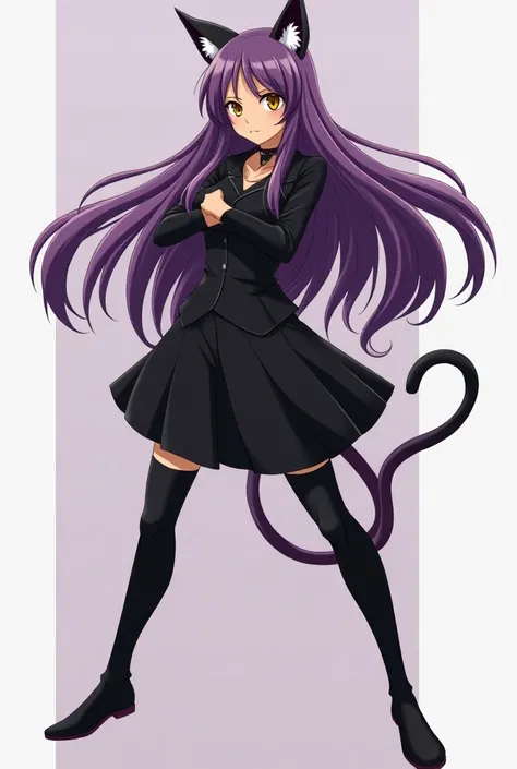 Yoruichi shihoin with cat ears and tail and purple hair and golden eyes and caramel skin full body picture 