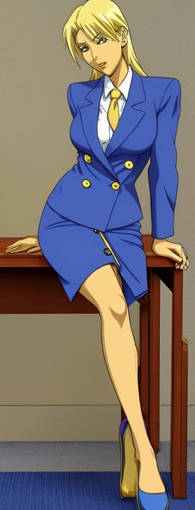 Adult 90s anime blonde business woman in a blue double breasted skirt suit and blue skirt with golden double breasted buttons wearing a tie full body sitting wearing a blue skirt suit