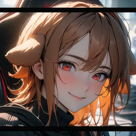 (( high quality,最 high quality,8k, best image quality)),Male 1, orange hair, turtleneck hoodie, Red Eyes, gaming chair ,During the game,smile,The line of sight is this,Dog ears,Close-up of face