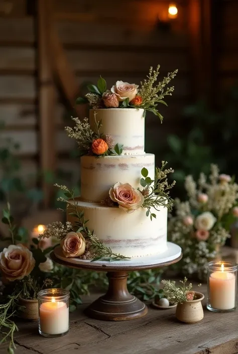 Vintage and boho chic wedding cake table decoration