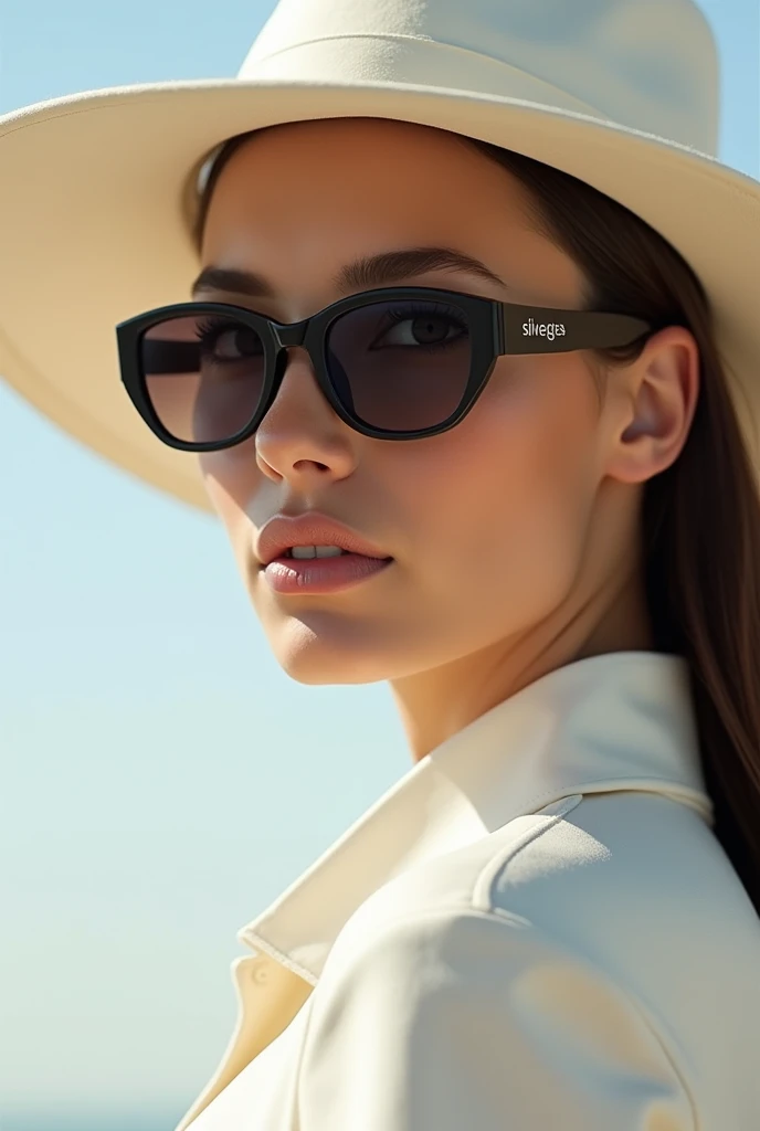 Close-up portrait of a beautiful fashion model dressed in white, sunglasses with the side stem written the name Silverglass and modern hat, photorealistic, intricate details, ultra detailed. Ultra-detailed, realistic, photorealistic Cinematic, photorealist...