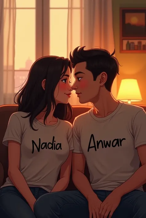 A cute couple sitting on the sofa and loving each other. The girl wear a shirt with name “ Nadia “ types on shirt amd boy wear shirt named Anwar on his 
M kissing each other