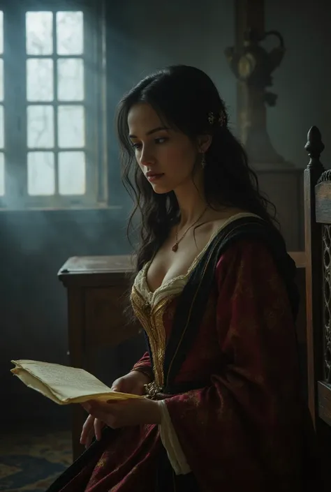 A beautiful medieval queen with really curly black hair, fair skin, and medium height reads the writings on a parchment she holds. The weather outside is misty.