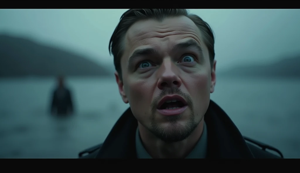  A close up of Leonardo DiCaprio with a surprised expression on his face,  Her eyes are wide open ,  and the light illuminates his face softly but clearly ,  highlighting his expression . In the background,  in a distant view of Loch Ness shrouded in fog ,...