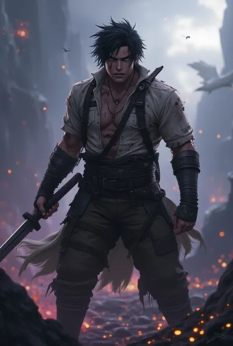 Landscape wallpaper.. character use 60% space of a picture.. In a big war ..im a good fighter in fight position.. use both hands holding a buster sword(cloud final fantasy) ..i also injured ..i wear a shirt and gear ..my shirt and gear are also dirty.. i d...