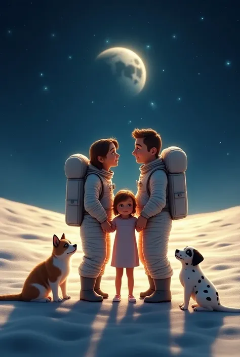 A couple in love with astronauts on the Moon together with a six-year-old girl, a Calico cat and a Dalmatian dog like a happy family 