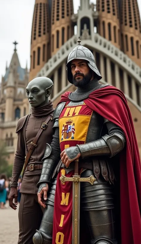  Spanish Conqueror dressed in  ((( 16th century Spanish armor )))  wearing a burgundy cross on his chest and in his hand (((a sword))).
 Next to him is an explorer alien ((( with an italian flag on his chest ))).
The setting is Sagrada familia in Barcelona...