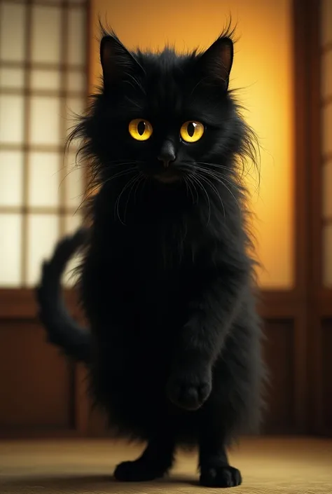 The haunted cat is a photorealistic portrait of a cat-shapeshifting specter from Japanese mythology. The creature appears in a traditional Japanese room with soft, warm lighting, shoji screens, and tatami floors. Its fur is long, black, and slightly tangle...