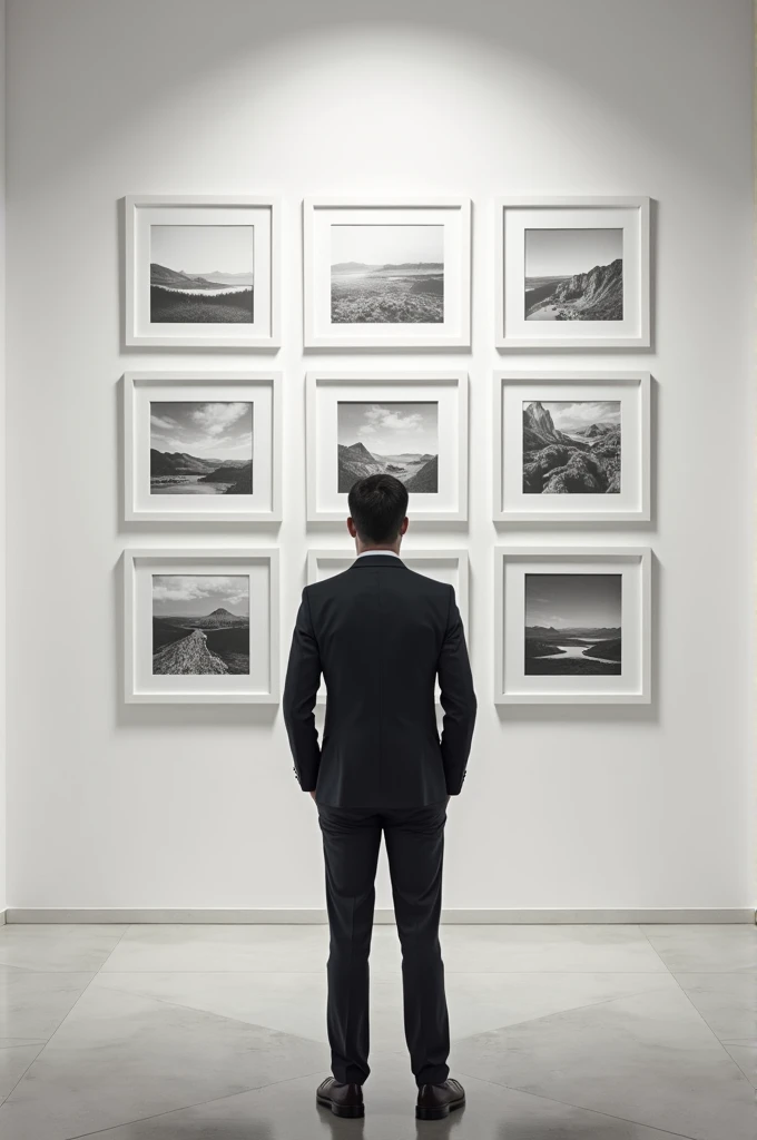 Man Standing and seeing 8 pictures on the wall (make picture for presentation slide) 