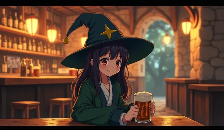 8k、High school girl、 mature、Robe、Three-cornered hat、 Medieval Europe、 alien world、smile、 seems to be having fun、A lively bar、indoor、Wooden table、Beer 、dim light、Anime 2D Style、Lo-Fi、LoFi、アニメ調Illustration、Illustration、 Long Shot 