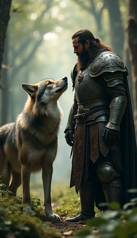 A wolf next to a man in realistic armor in a forest