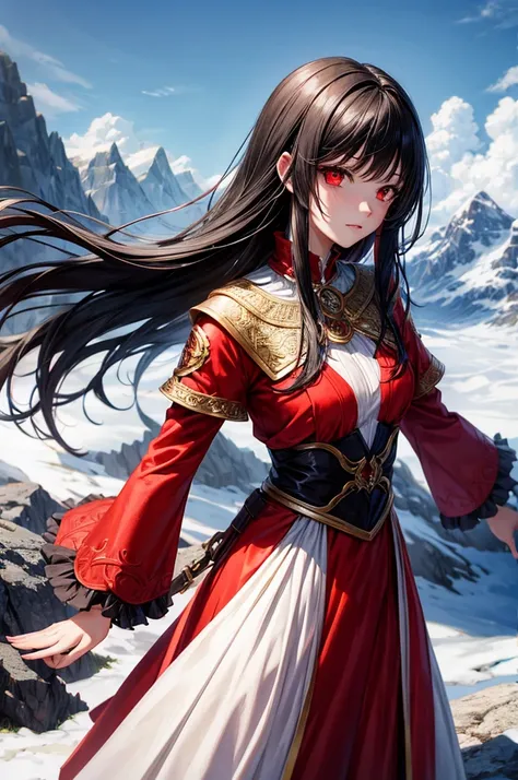 skinny girl, black haired and red eyed, wearing fantasy world clothes on a mountain 