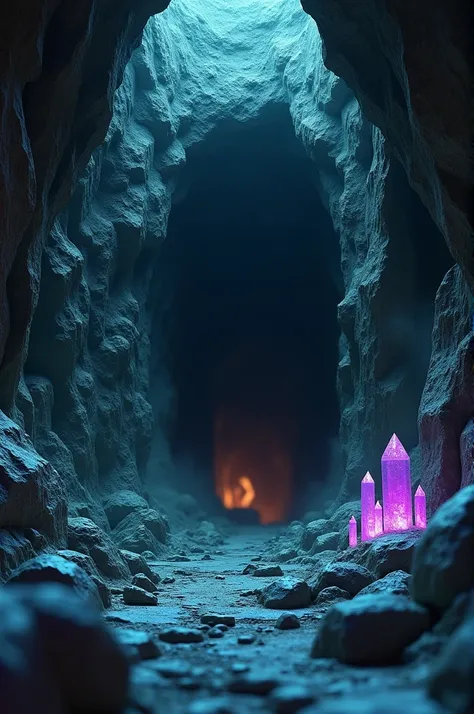 An eerie cave entrance surrounded by jagged rocks and glowing crystals. Shadows cast by flickering torches inside the cave. 3D rendering, 16:9 aspect ratio