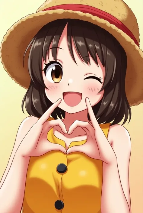 A brunette anime girl with shoulder-length hair and dark brown color with a medium wolf cut haircut a Luffy hat and with one eye closed smiling making a heart symbol with her hands 

