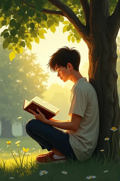  Budi sits under a tree while reading a book ,  with the light of the sun shining on the pages of his book, peaceful village atmosphere .
