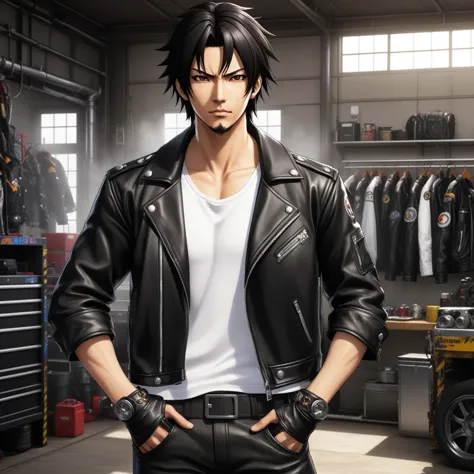 garages inspired by tomioka tessai,  anime handsome man , mechanic punk outfit,  as a tekken character,  king of fighters ,  han...