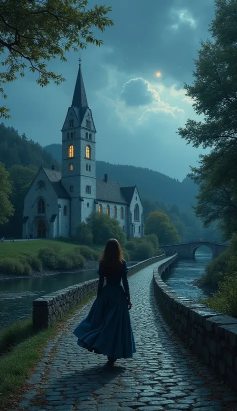 A woman in a long, dark-blue dress walks along a cobblestone path, towards a stone arch bridge at the edge of a river.  The path leads to a large, light gray church with a tall, pointed spire, situated in a landscape of trees and hills. The sky is a dark, ...