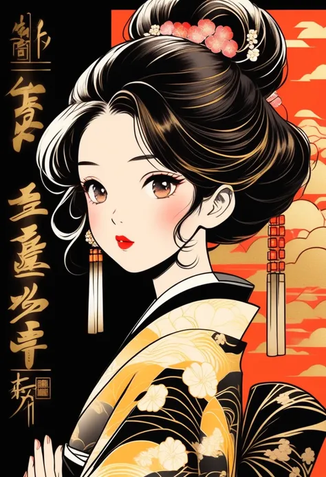 ( premium quality, sketch:1.2),Realistic, illustrator , Japanese Cartoon Movie ,,  detailed lips , kimono,custom ,  black and gold gradient background with texture,Neon hair , crop , masterpiece,  style retro classic , black style  