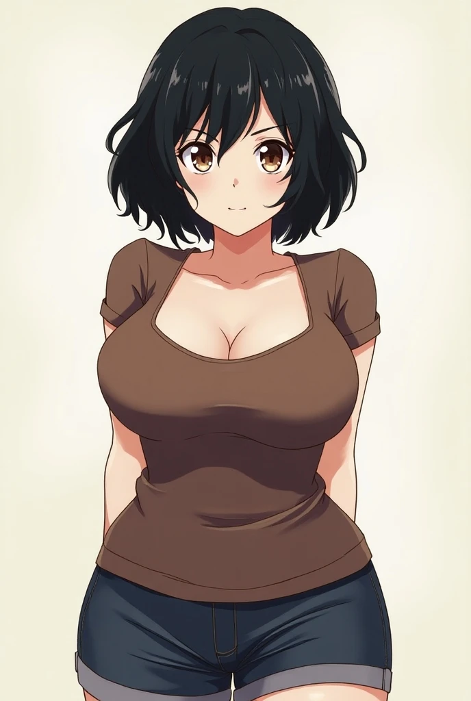  Anime girl style Boku no Hero Academia, short black wavy hair up to the shoulders, large light brown eyes with dark circles, pale white skin, thick build, caderas anchas.