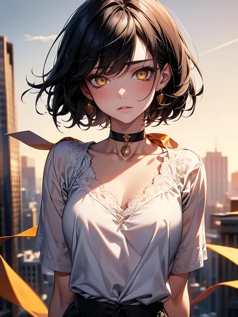 masterpiece, Best Quality,  perfect face,  highest resolution, Best Quality,Detailed depiction of eyes ,  1 girl, young,  white skin, slate black hair,  short hair, Upturned eyes, yellow orange eyes, perfect anatomy,  Ribbon Choker , metropolis, 8k