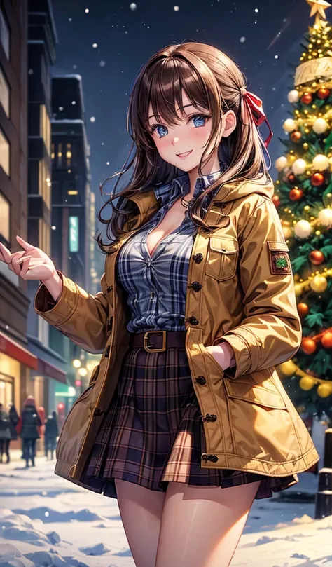 1girl, ((mature girl)), solo, christmas, ((christmas tree)), street, night, lights, snow, brown hair, side hair, large breasts, button down, ((brown winter jacket)), dark blue eyes, ((blue checked shirt)), ((unbuttoned shirt)), cleavage, skirt, smile, look...