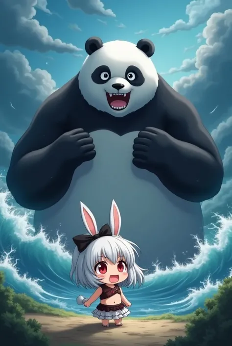 (1man(very short hair,black hair,Muay Thai costume) and 1giant-panda(fluffy, giant,huge, scary) both angry and rage and yell, in the super intense thunder and super huge tsunami, are watching anime(1girl(chibi,human,cute,kawaii,small ,age of 10,white hair,...