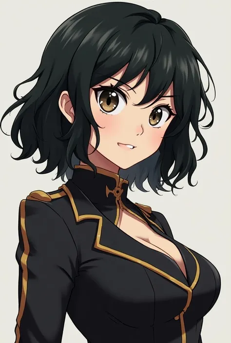  Anime girl style Boku no Hero Academia, short black wavy hair up to the shoulders, large light brown eyes with dark circles, pale white skin, thick build, caderas anchas, with the UA uniform of bnha.