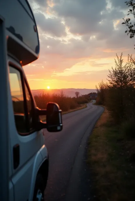  motorhome frontal ,  view oblique from above, evening light, 24mm focal length 