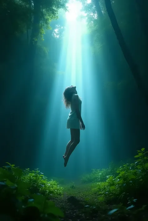 image of a beautiful 18-year-old girl being abducted by an intense and strong bluish white light coming from the sky in a beautiful and dense forest,  she is lying suspended in the air looking up with her head turned upwards with arms and legs stretched ou...