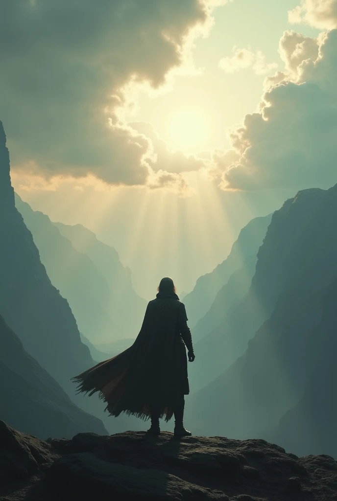 A lone hero stands with their back to the viewer, gazing toward a vast, epic landscape bathed in dramatic, swirling light. Their figure is silhouetted against a sweeping horizon, where mountains rise and clouds gather, casting soft beams across the scene. ...