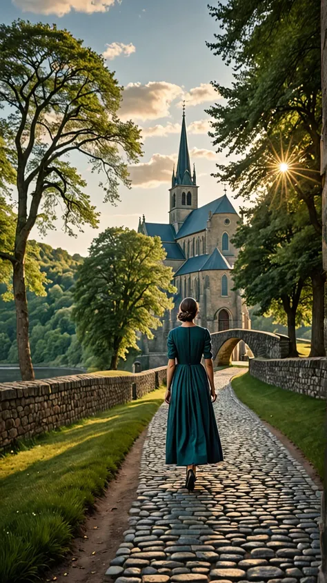 A woman in a long, dark-blue dress walks along a cobblestone path, towards a stone arch bridge at the edge of a river.  The path leads to a large, light gray church with a tall, pointed spire, situated in a landscape of trees and hills. The sky is a dark, ...