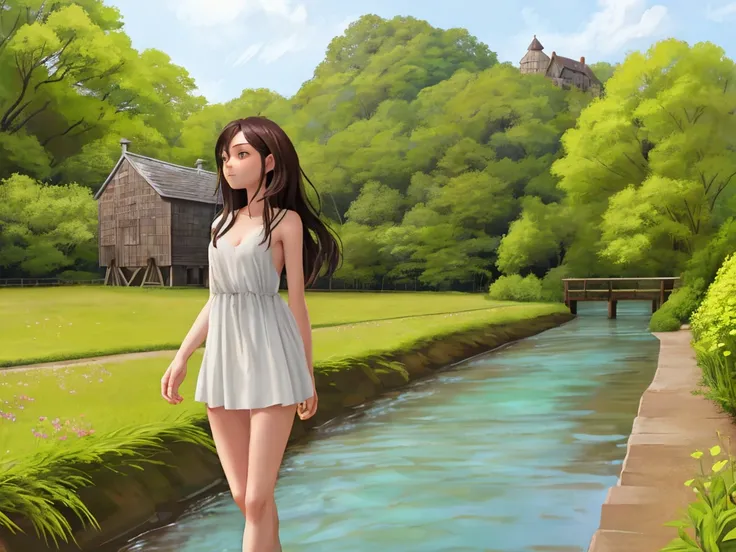 By the stream,Naked girl with dark hair walking along the promenade with the water mill in the background