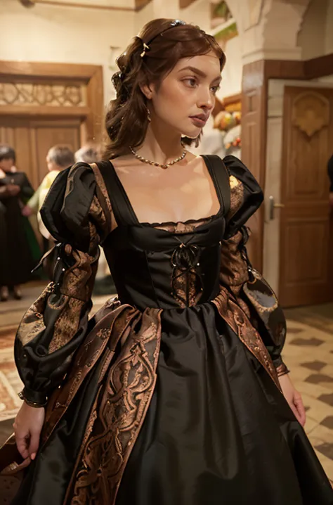 tudor style copper colored damask gown with a square neckline rimmed with pearls and a black silk stomacher, along with a full s...