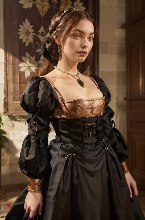 tudor style copper colored damask gown with a square neckline rimmed with pearls and a black silk stomacher, along with a full s...