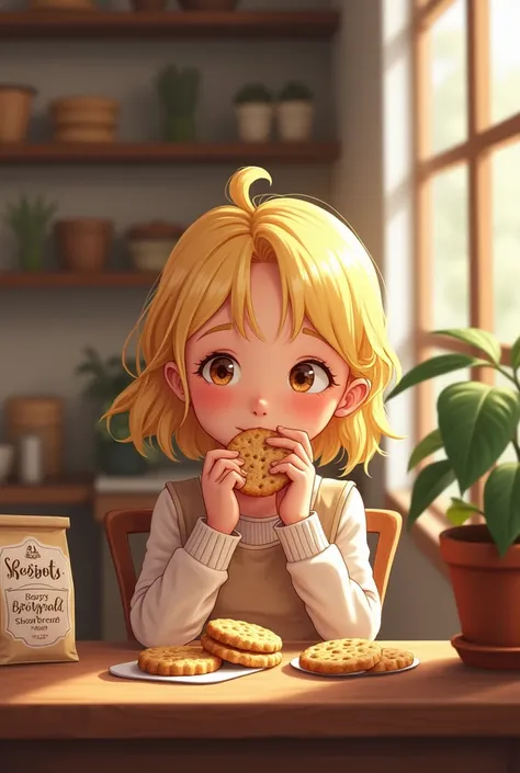 Blonde daughter at a coffee shop that sells handmade shortbread cookies with the name ROSHY BISCOITOS written on the packaging 