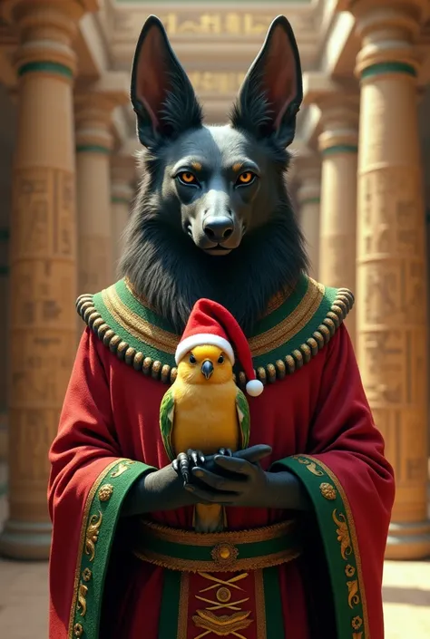 Anubis holding a cockatiel, both wearing Christmas clothes . 