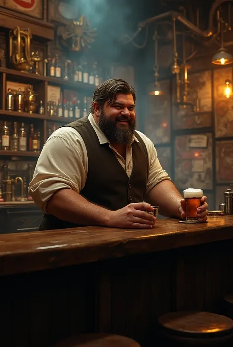 (better masterpiece:1.5)0.9], low angle shot, (steampunk tabern:1.2) (Messy short brunette hair:1.1) A big, robust, steampunk innkeeper behing the bar swapping a cup smiling