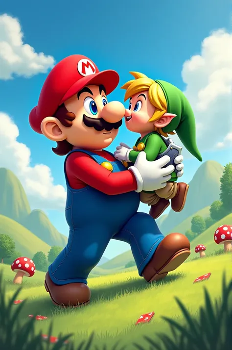 Super Mario holds Baby Link by the legs 