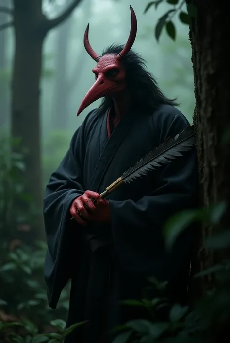 Hidden in the dense forests of a mountainous region is a realistic photograph of a tengu, a mythical Japanese mountain goblin with a long nose and red skin. Dressed in traditional samurai-style attire and holding a feathered fan in one hand, the tengu blen...