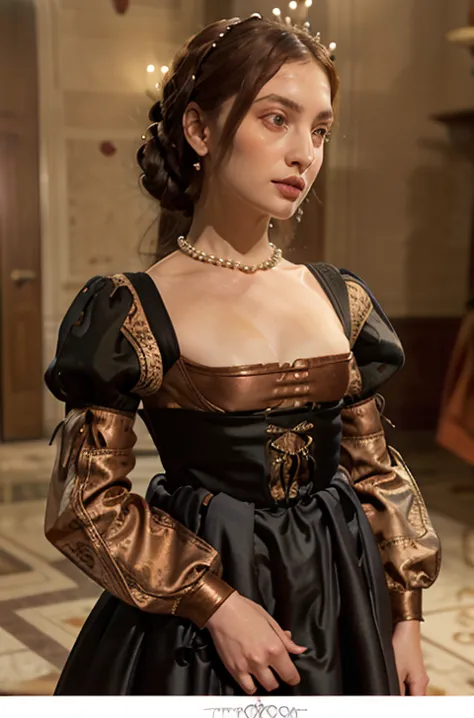 tudor style copper colored damask gown with a square neckline rimmed with pearls and a black silk stomacher, along with a full s...