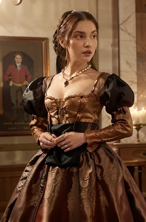 tudor style copper colored damask gown with a square neckline rimmed with pearls and a black silk stomacher, along with a full s...