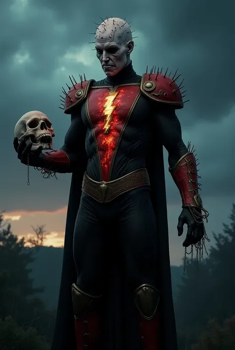  PINHEAD CHARACTER IN HELLRAISER MOVIE HANDLE SKULL,  WEARING THE ARMOR OF DC SUPERHERO SHAZAM , SCARY EVENING SCENE 
