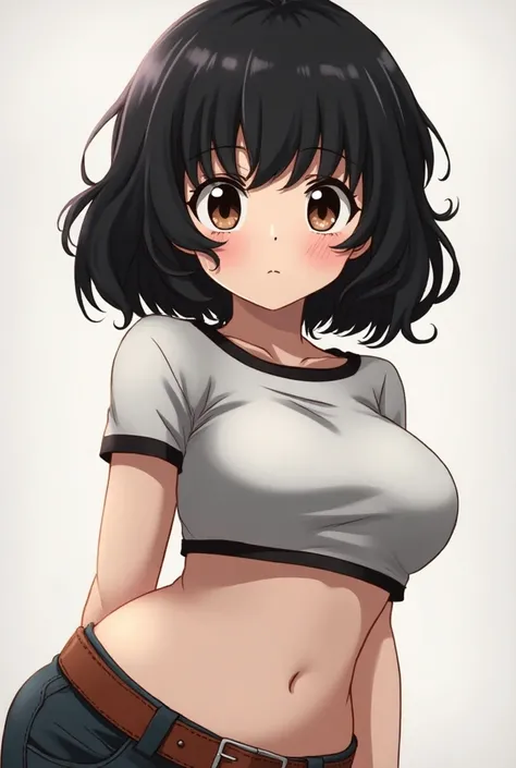  Anime girl style Boku no Hero Academia, short black wavy hair up to the shoulders, large light brown eyes with dark circles, pale white skin, thick build, caderas anchas.