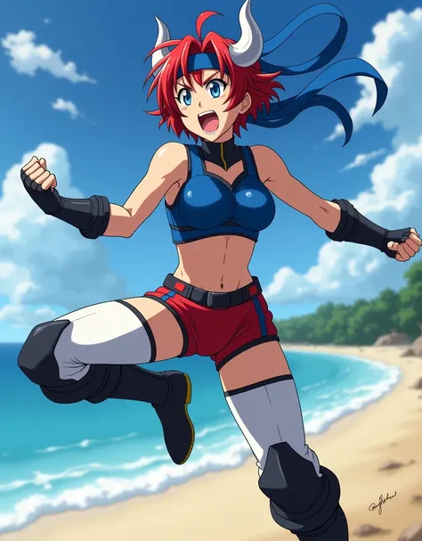  The image shows a female character in a dynamic pose ,  as if performing a high kick . She has red hair, short and messy,  with a blue headband and a silver horn-shaped accessory.  You are wearing a wrestling outfit that includes a sleeveless blue blouse ...