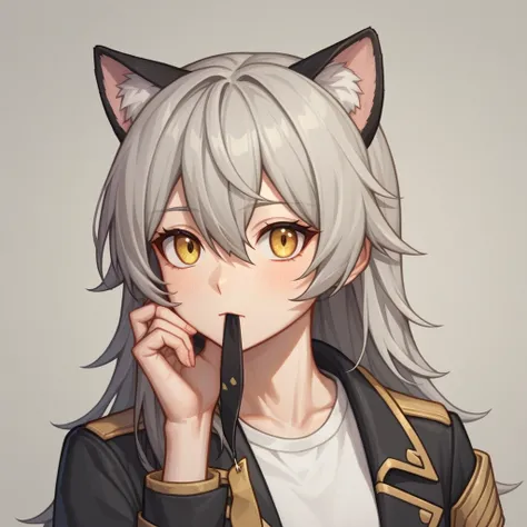 Stelle_(honkai:_star_rail), 1girl, grey_hair, long_hair, yellow_eyes, black_jacket,between_eyes, white_shirt,_long_hair, cat ears, nekomimi, looks stelle, detailed with mouth cat