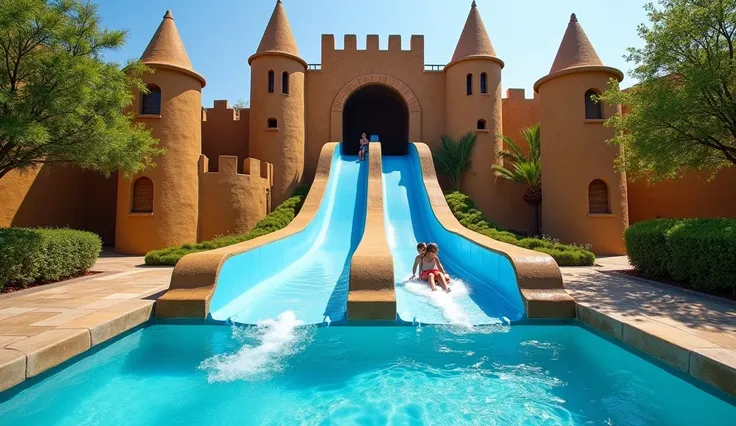 "An outdoor scene showcasing a unique, rustic-style water slide setup in a natural setting. The slide is divided into two lanes with a smooth blue surface, curving downwards into a small pool of clear blue water. The backdrop includes castle-like structure...