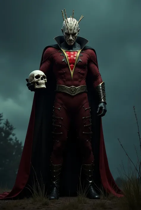  PINHEAD CHARACTER IN HELLRAISER MOVIE HANDLE SKULL,  WEARING THE ARMOR OF DC SUPERHERO SHAZAM , SCARY EVENING SCENE 
