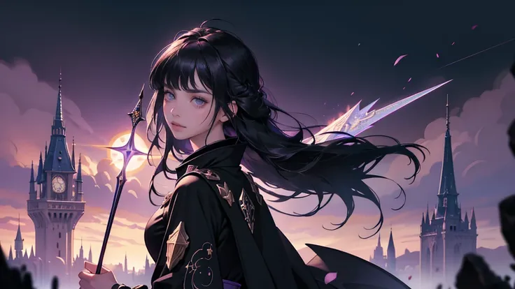 masterpiece, ultra detailed, 8K Portrait, Raw photo, a portrait photo of girl, Highly detailed face, beautiful and meticulous eyes, ((Fantasy)), magical girl, (dark mage:1.5), dark hair, long straight hair, long bangs, black eyes, purple half kimono Flutte...