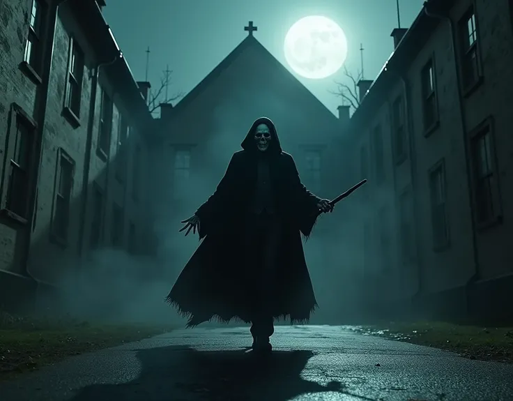 In the eerie glow of a full moon, Voldemort strides forward from the front of a haunted school, his dark figure shrouded in shadows. In his bony hand, he holds a sinister wand, its tip glimmering faintly with a dark, magical energy that pulses in the moonl...