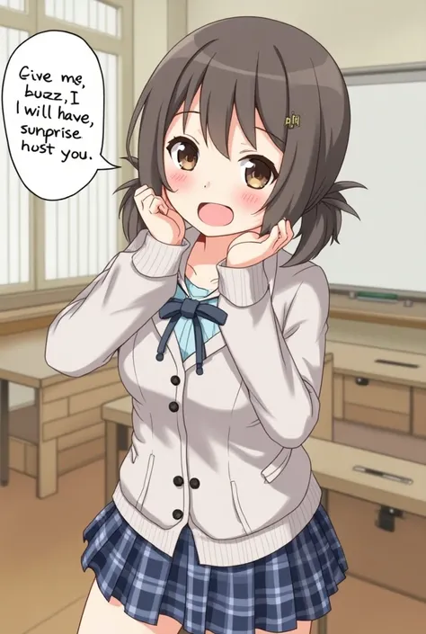 anime girl, busty, school clothes, speech bubble that says: "Give me buzz and I will have surprise for you" , winking, classroom